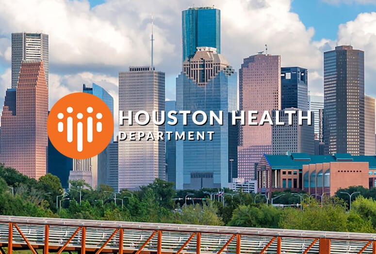 Image of downtown Houston with Houston Health Department logo overlay